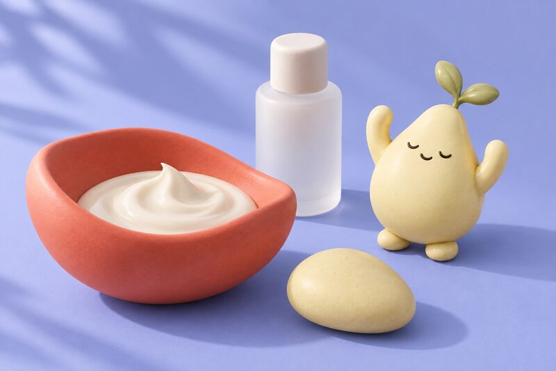 Nature morte de soin : Pépin, textures de crème et objets sculpturaux