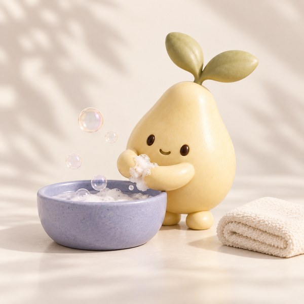 Pépin beside a basin with a few cleansing bubbles.