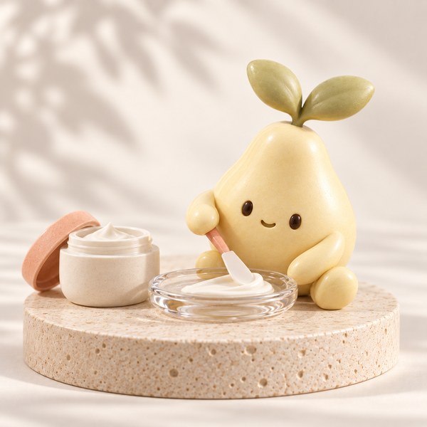 Pépin beside a ribbon of cream and a ceramic jar.