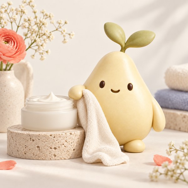 Pépin tient un linge ivoire doux, près d’un pot de crème sur du travertin.